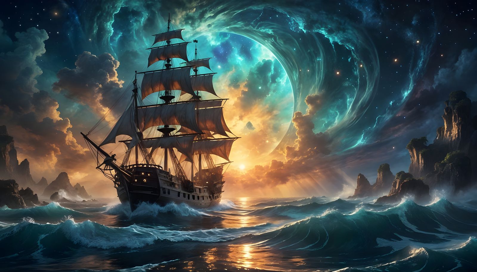 Pirate Ship Sailing from Space Portal Nebula