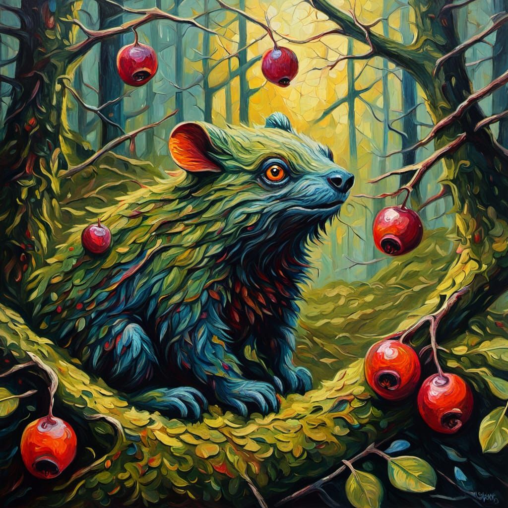 Whimsical Forest Creature in Vibrant Neo-Impressionist Oil P...
