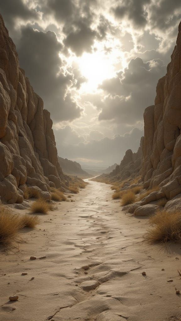 Desert Landscape with a Straight Path to a Golden Destinatio...