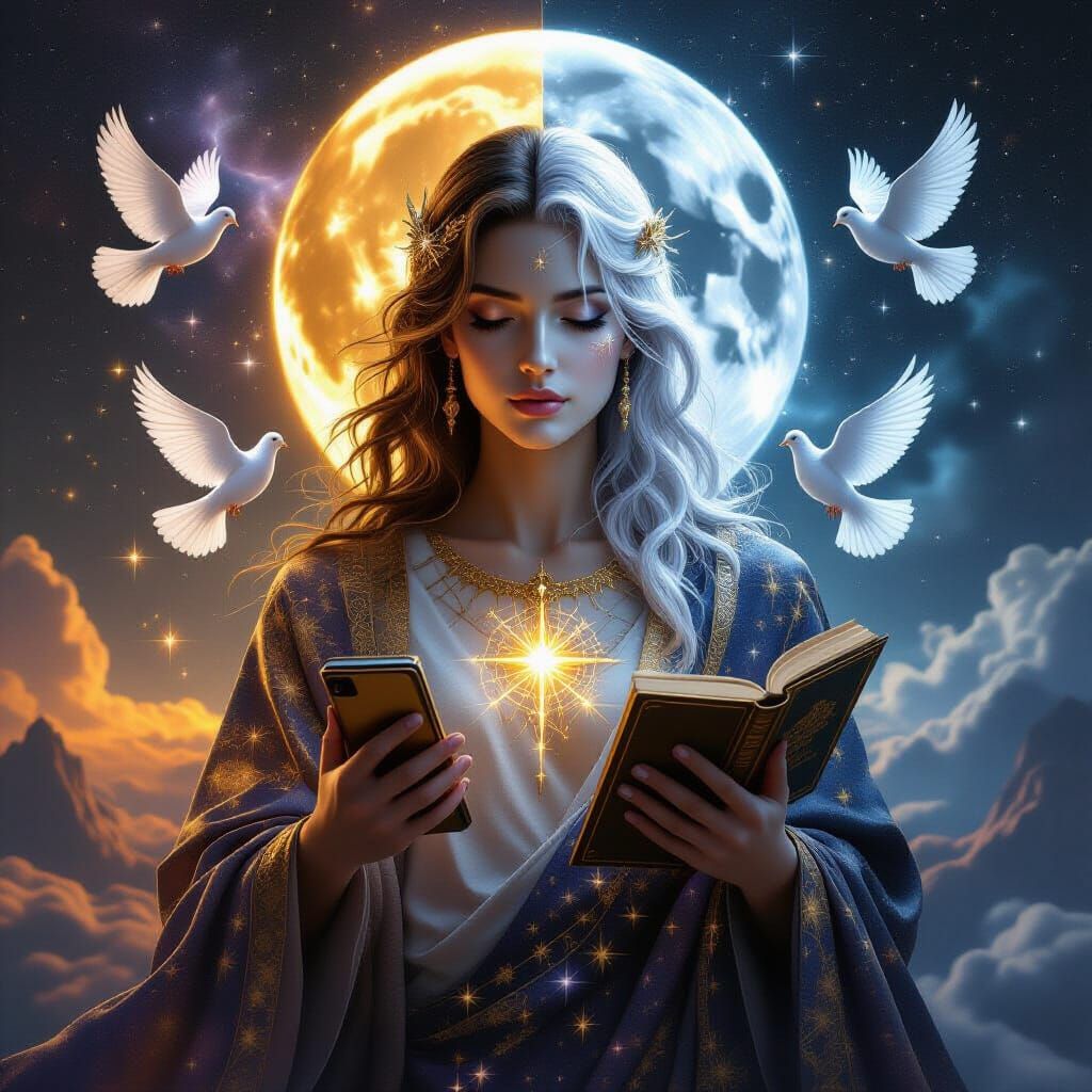 Mystical Androgynous Figure: Duality in Celestial Portrait