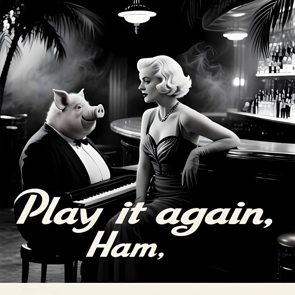 Casablanca Style Movie Poster: Pig-Headed Pianist & Blonde