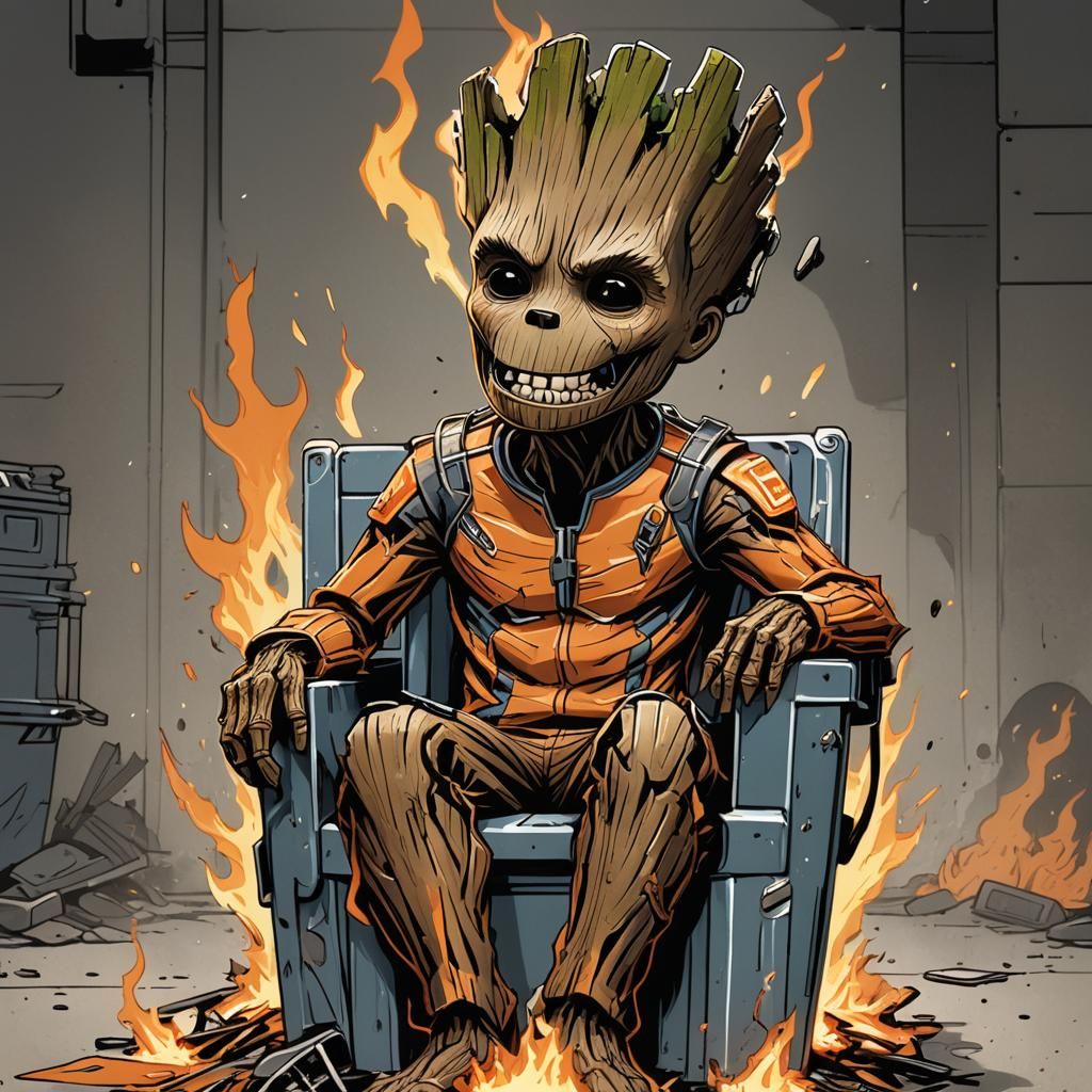 Unhappy Groot in Prison Uniform by Fire