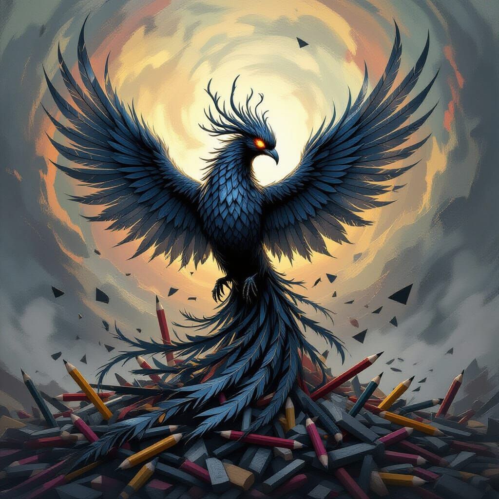 Phoenix Rises from Pencils in Dark Fantasy Art