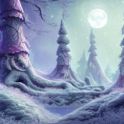 Moonlit Snowy Forest with Galaxy Colors