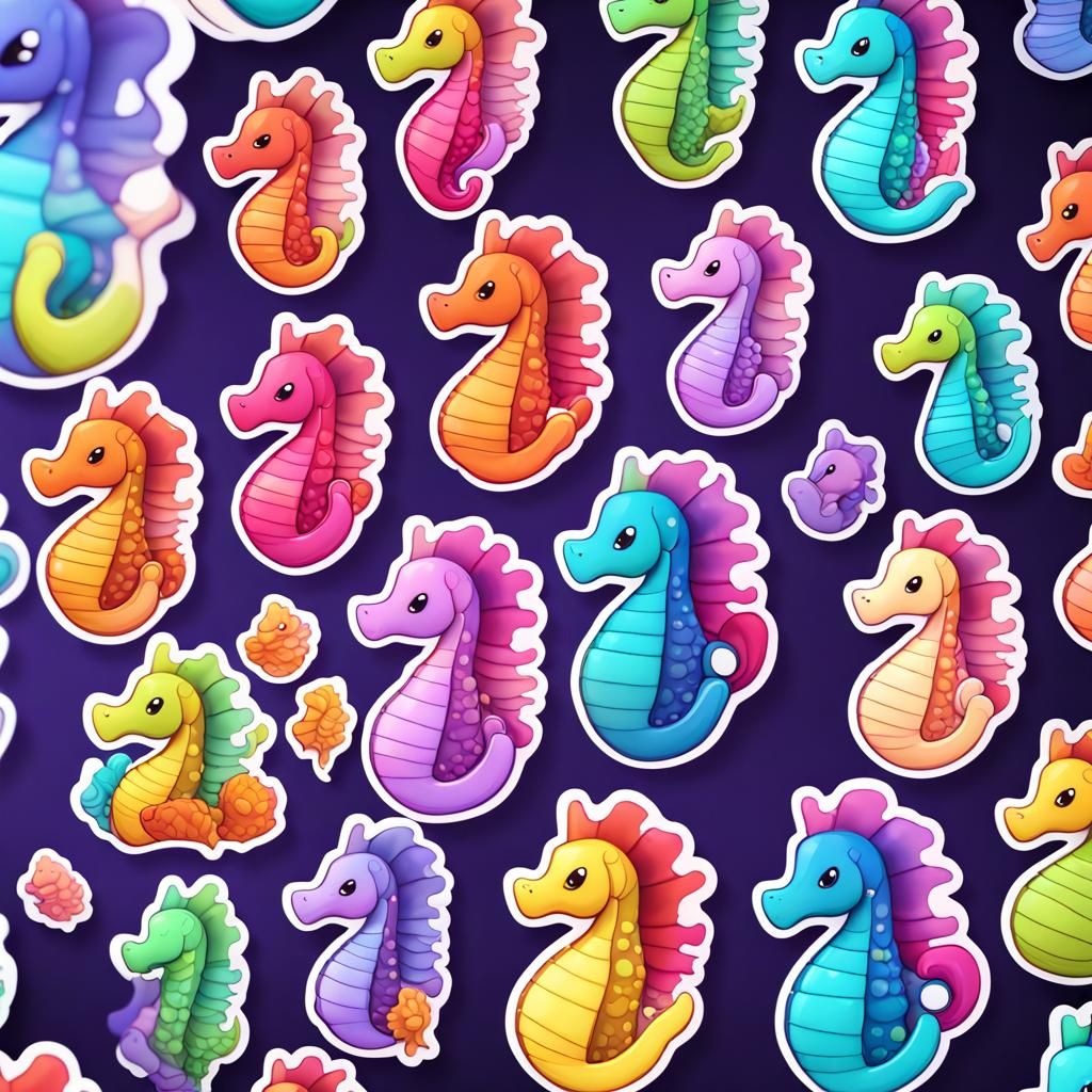 Kawaii Seahorse Stickers in Cartoon Style