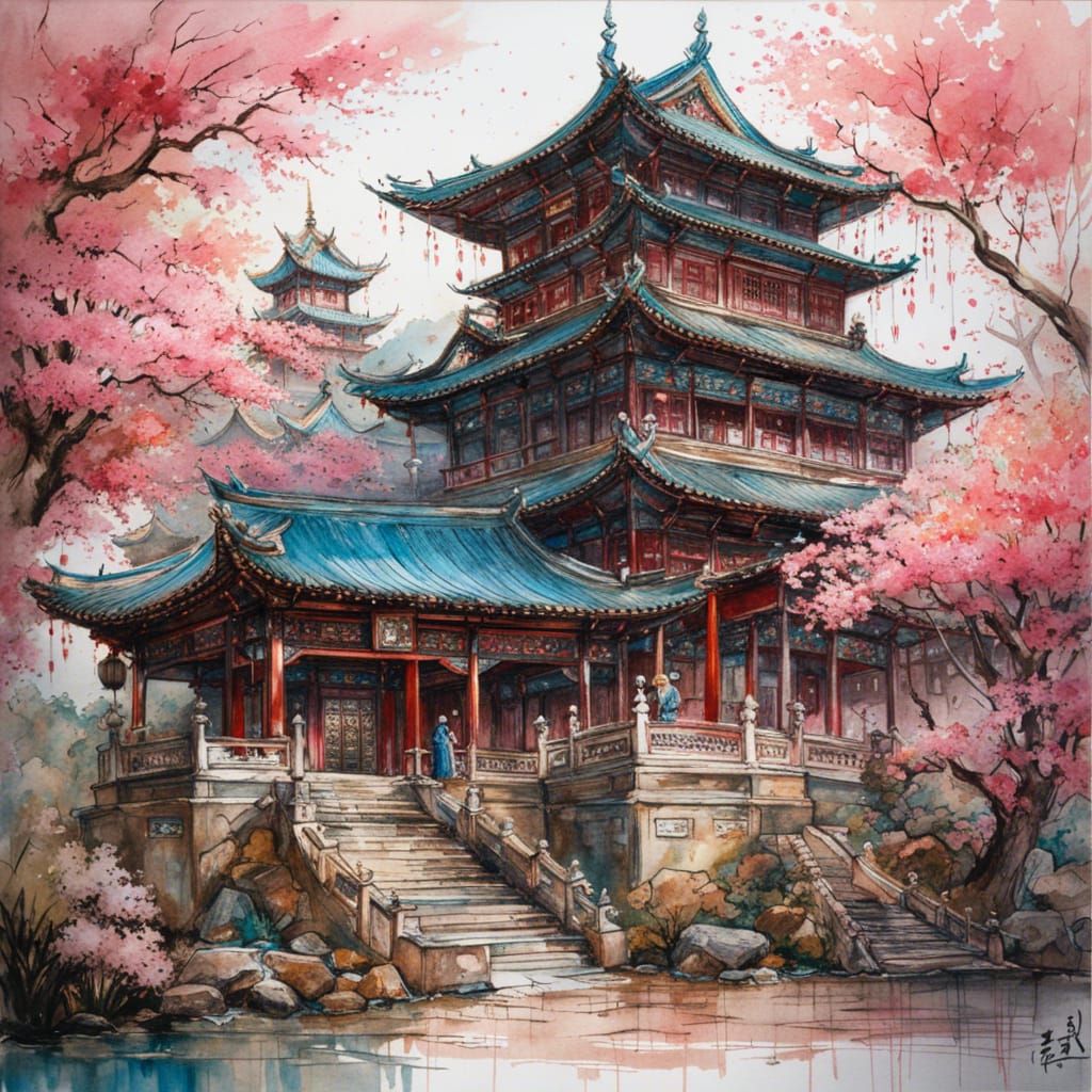 Chinese Palace with Sakura Garden in Vivid Colors