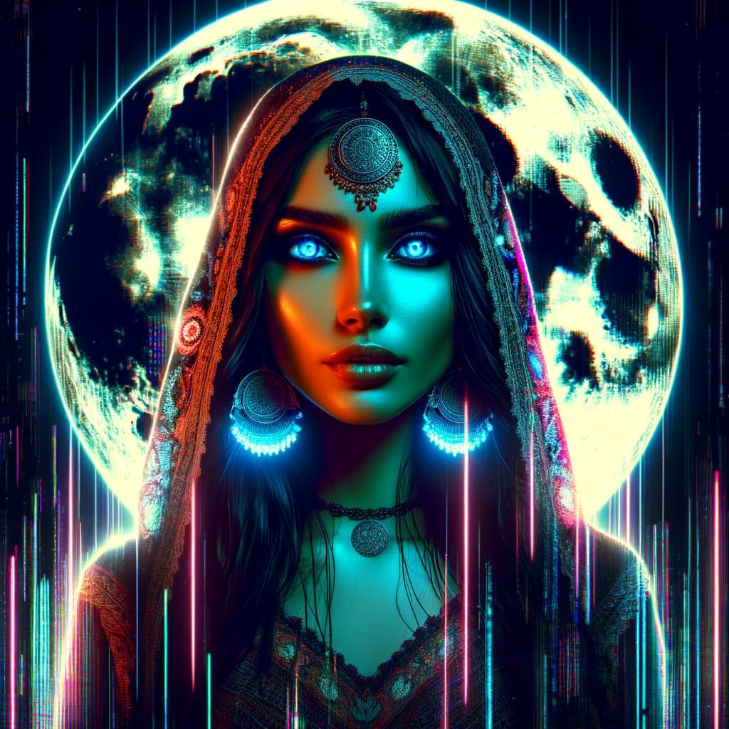 Cyberpunk Witch Portrait with Glowing Eyes