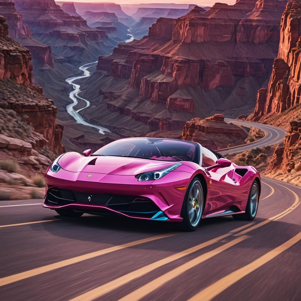 Pink Ferrari Speeds Through Grand Canyon in Psychedelic Art
