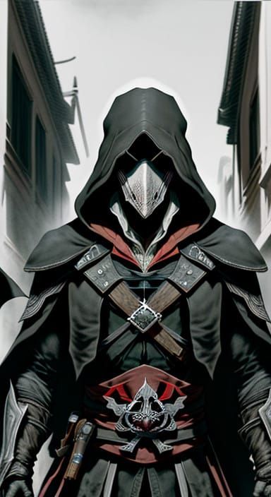 Ancient Assassin's Creed Plague Doctor in Dystopian Japanese...