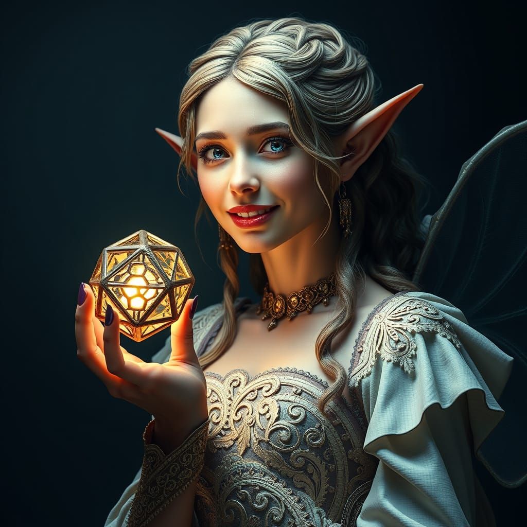 Ethereal Elf Goddess Holds Shining Bronze Crystal
