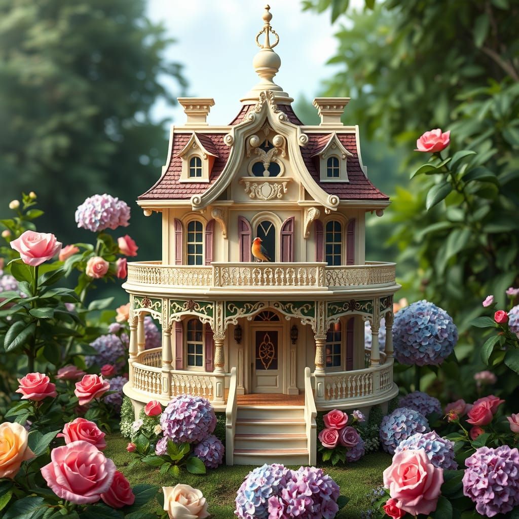 Victorian Mansion Birdhouse in Lush Garden