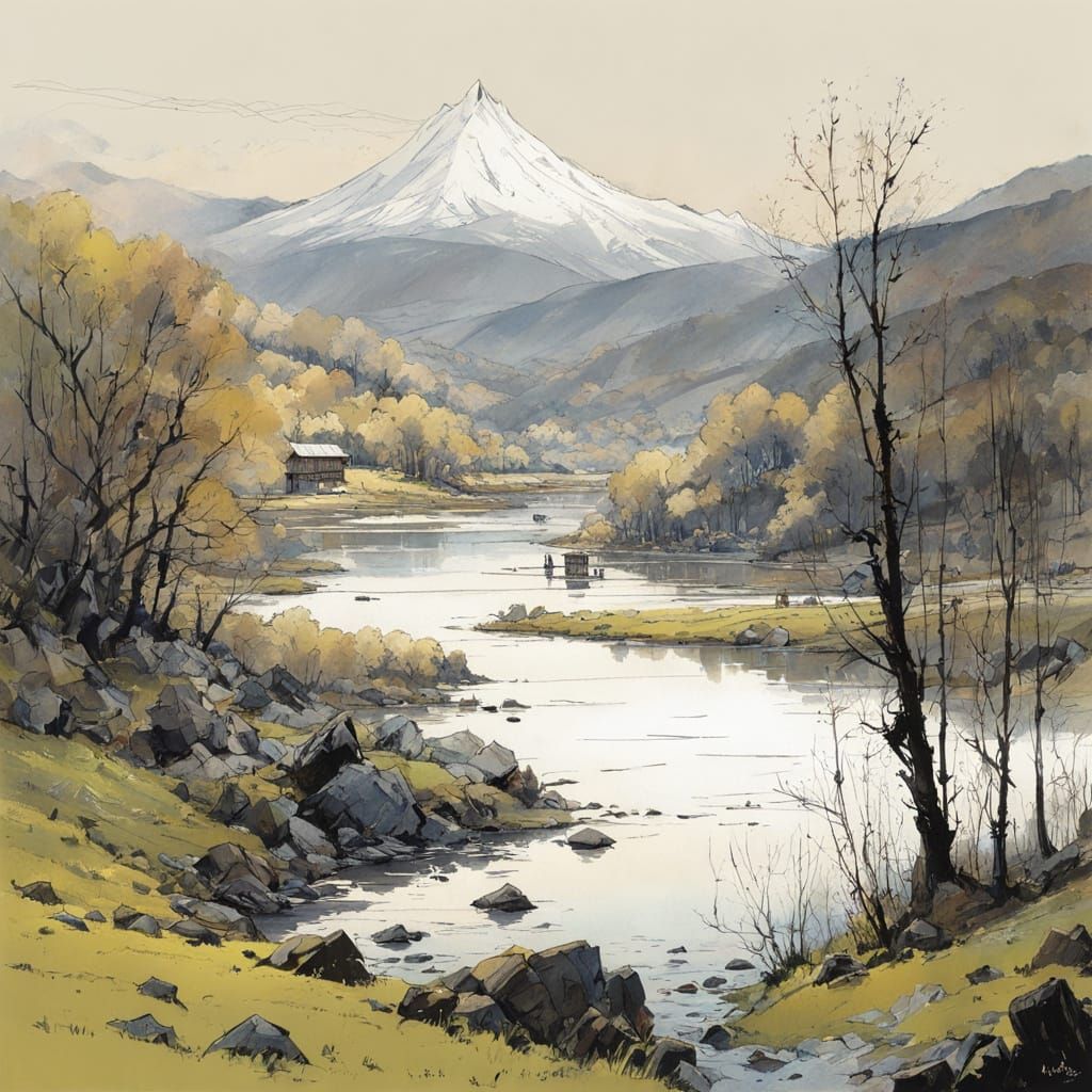 Spring landscape by a river and hills