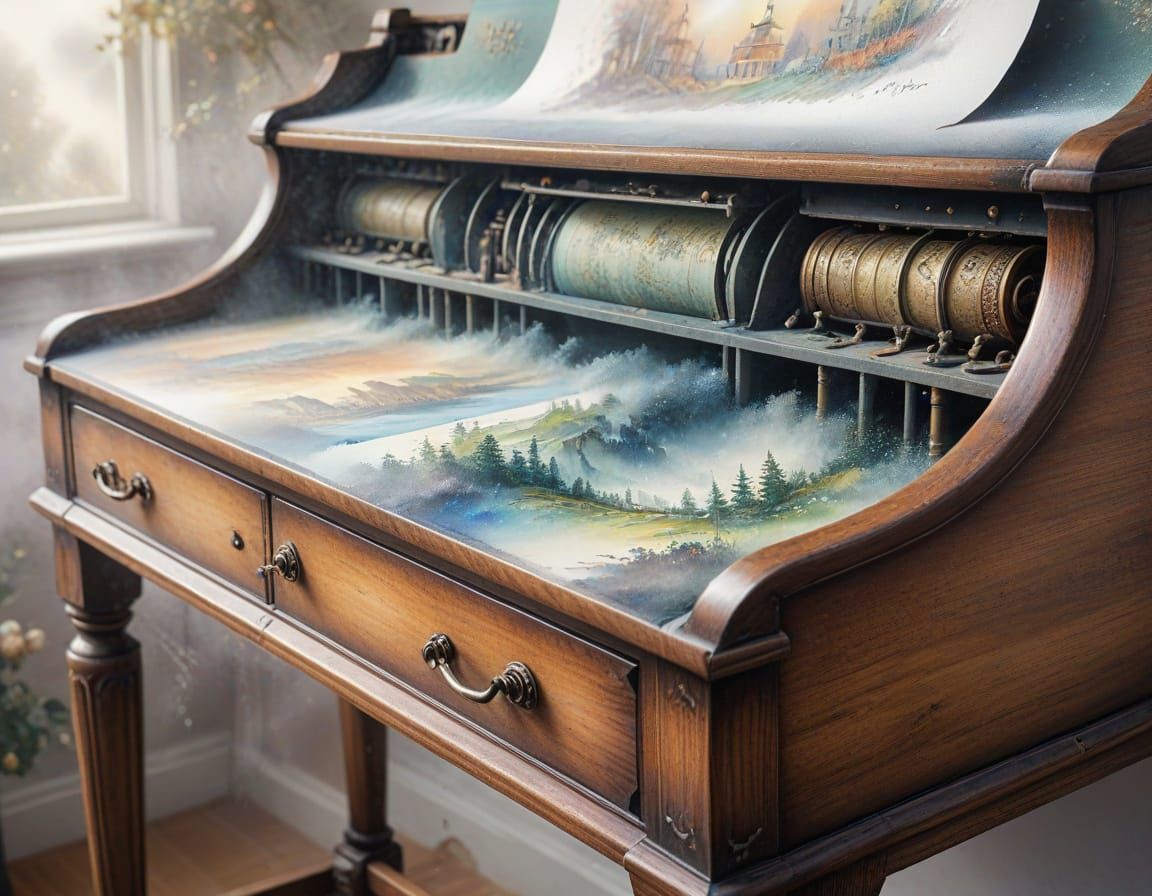 Ethereal Roll-Top Desk in Soft Watercolour and Ink