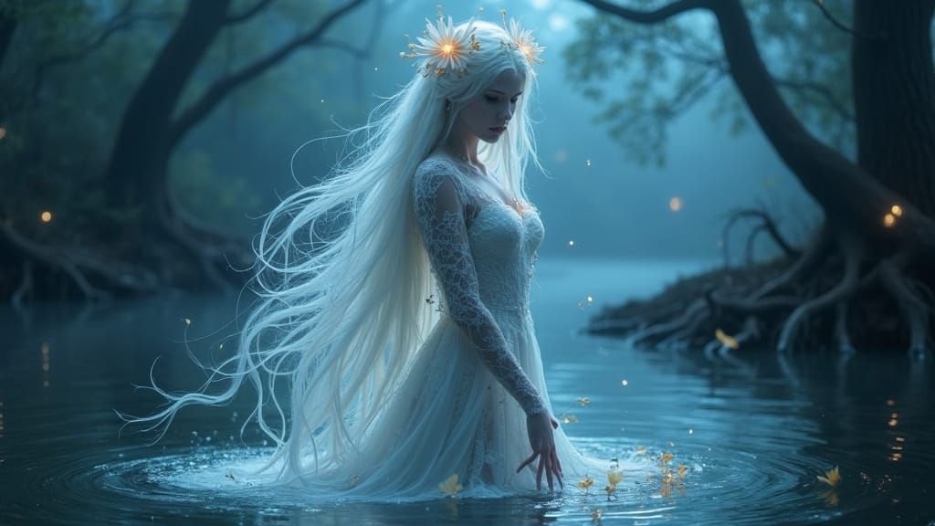 Ethereal Slavic Forest Spirit Mavka in Mystical Moonlit Lake...