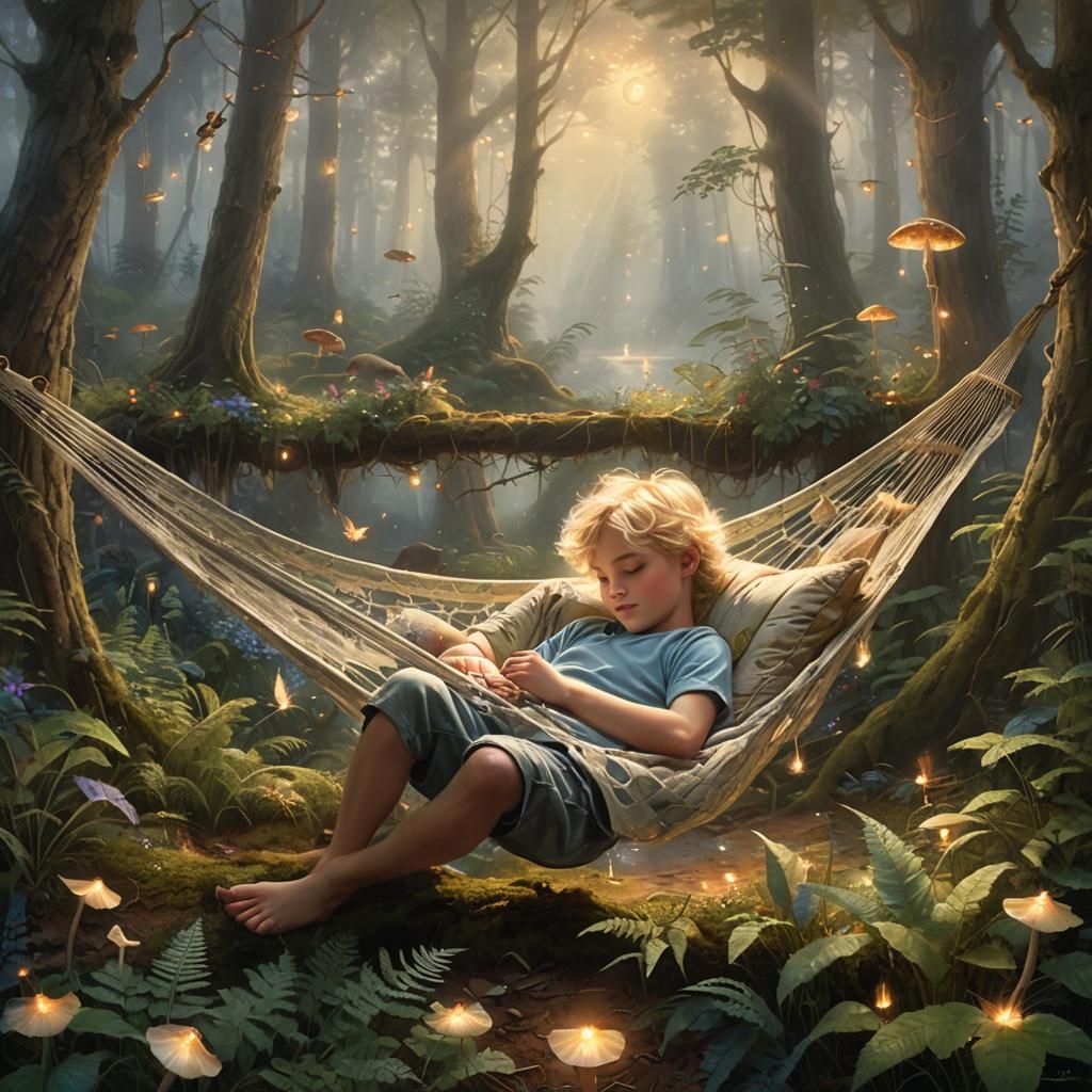 Boy in Hammock in Magical Forest, Oil Painting