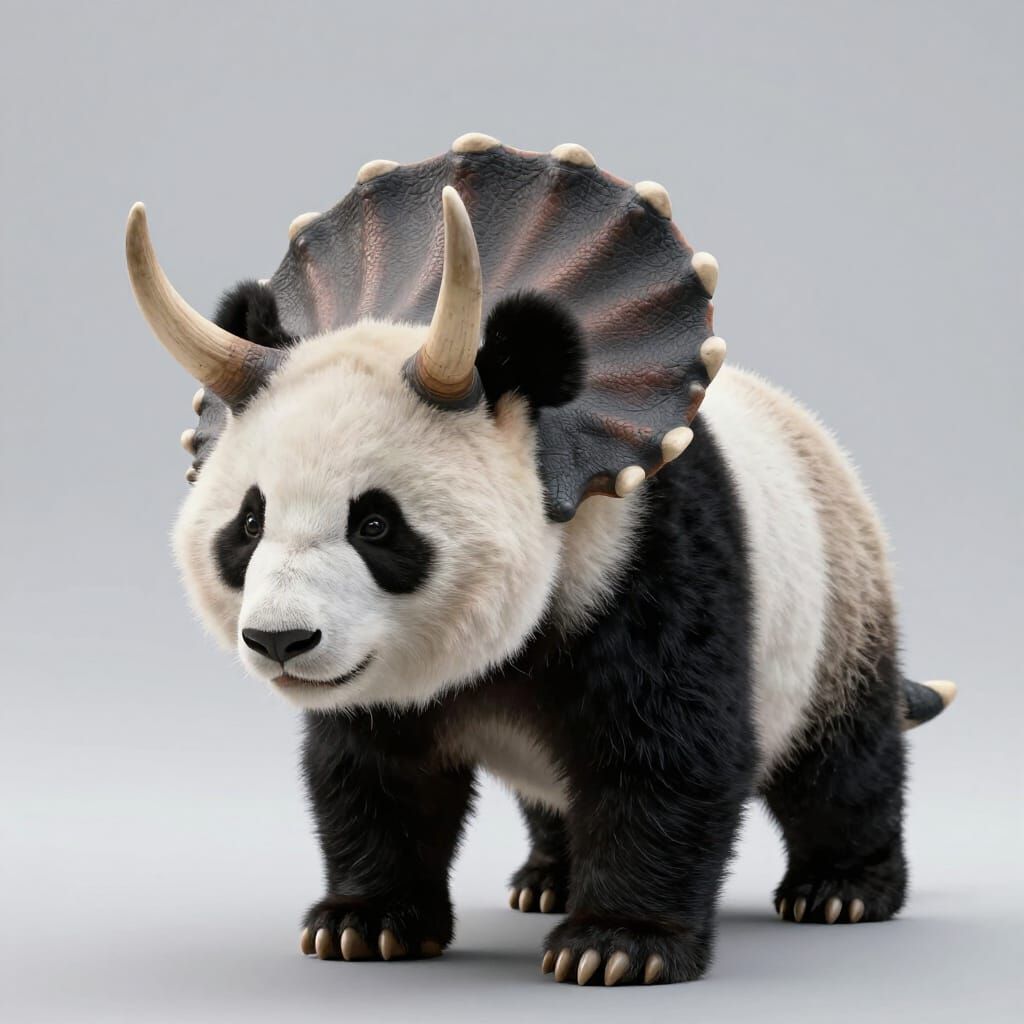 Photorealistic Panda Triceratops Hybrid Creature
