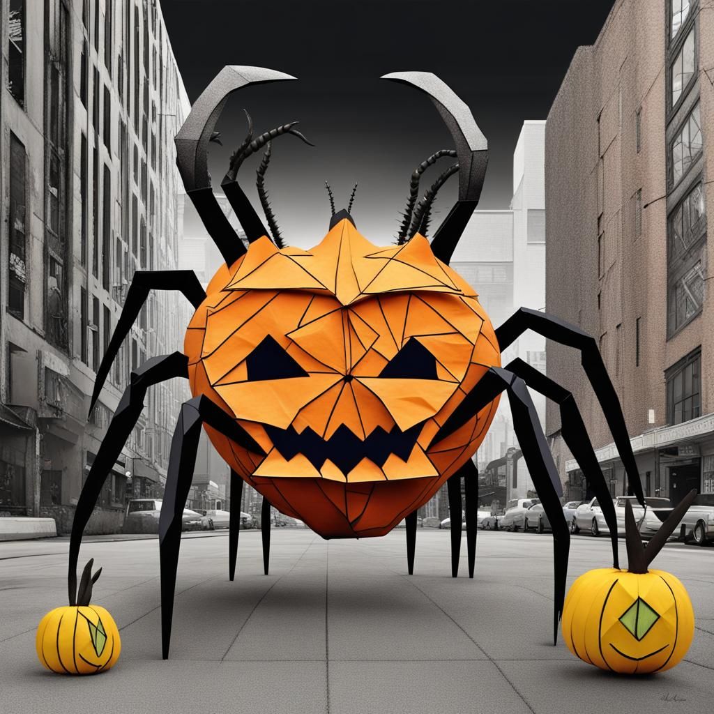 Giant Jack o lantern origami Black spider kaiju creature with antlers, black jackalope, in an urban city drea...