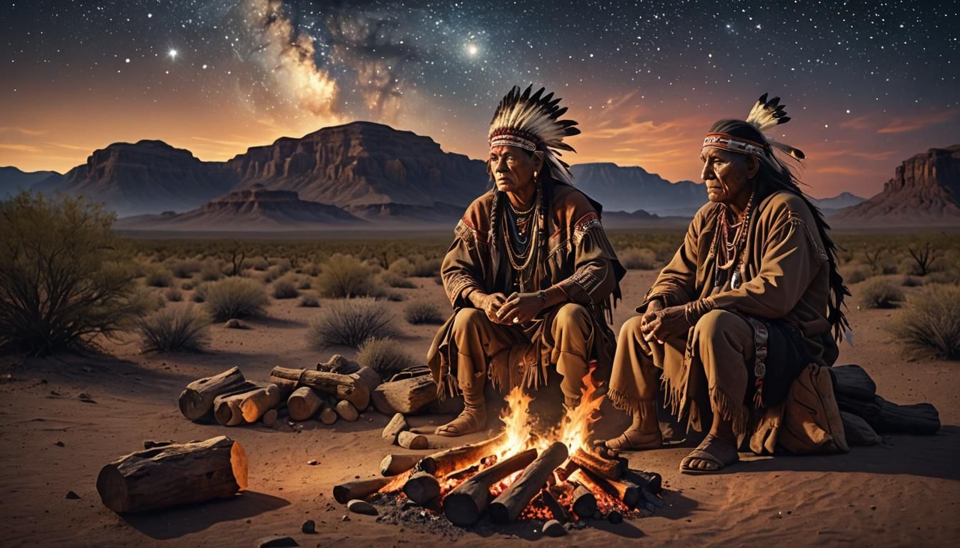 Native American Medicine Man at Desert Campfire