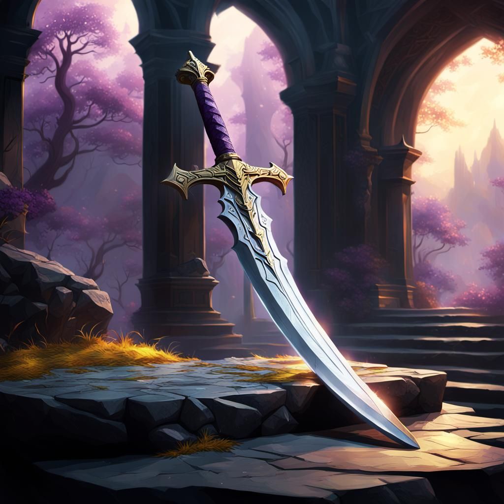 Ethereal Longsword on Ornate Stone Pedestal in Dark Fantasy...