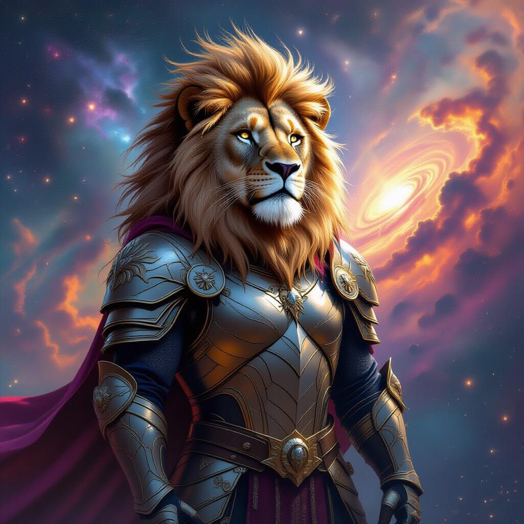 Armored Lion Guardian in Cosmic Nebula, Hyperrealistic Art