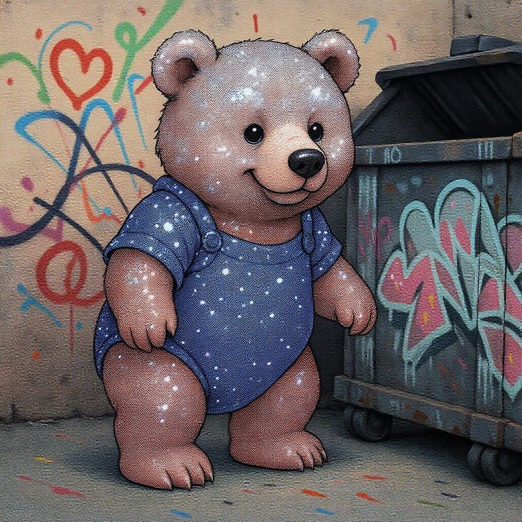 Glitter Bear Cub Beside Graffiti Dumpster Art