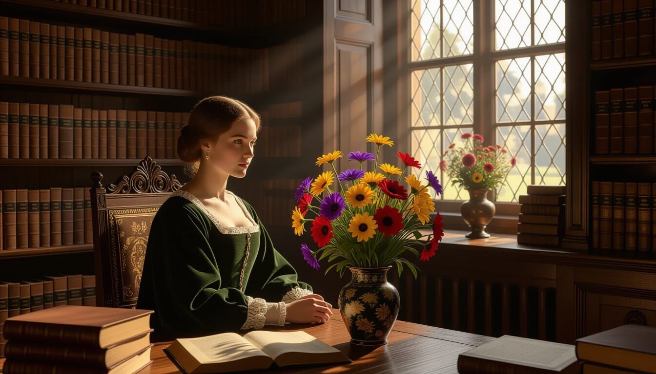 Woman Reading in Sunlit Medieval Library