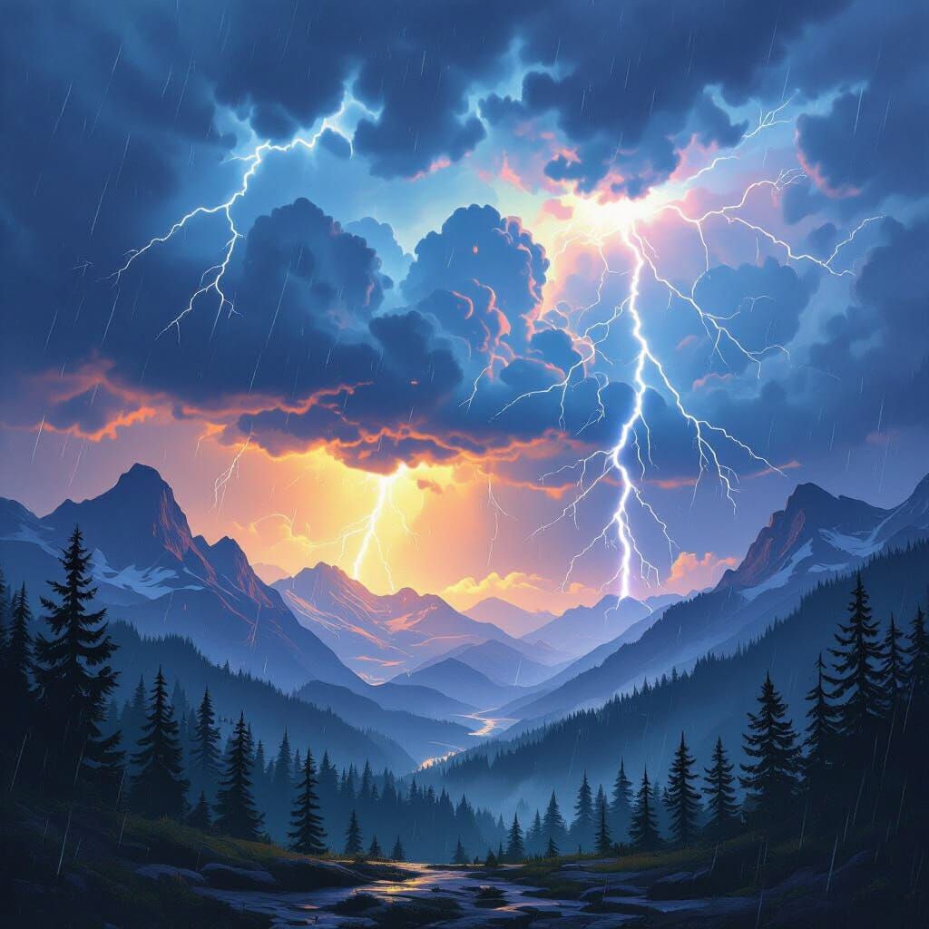 Dramatic Mountain Landscape with Lightning Storm