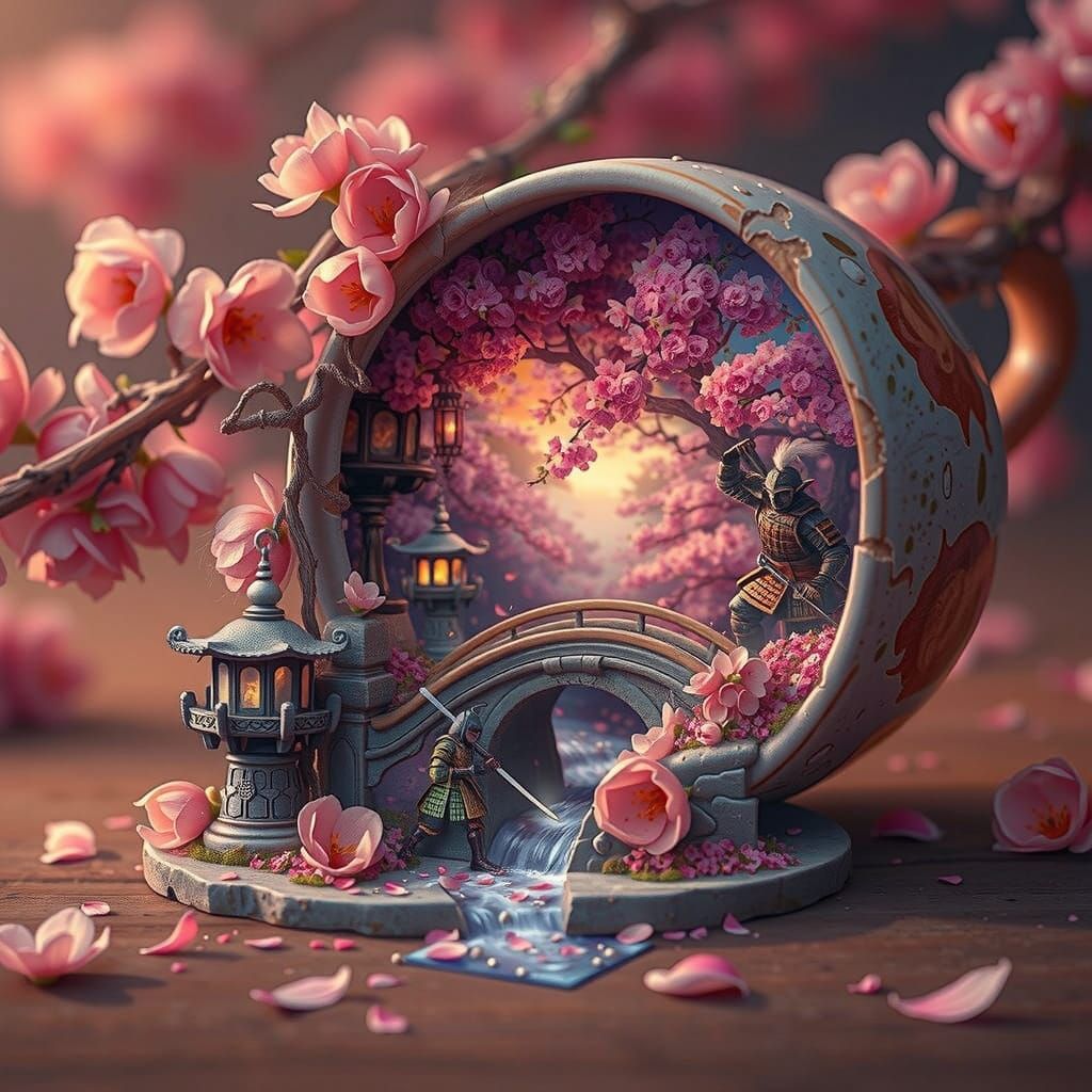 Japanese Dreamworld Samurai Battle Scene in a Fractured Mug