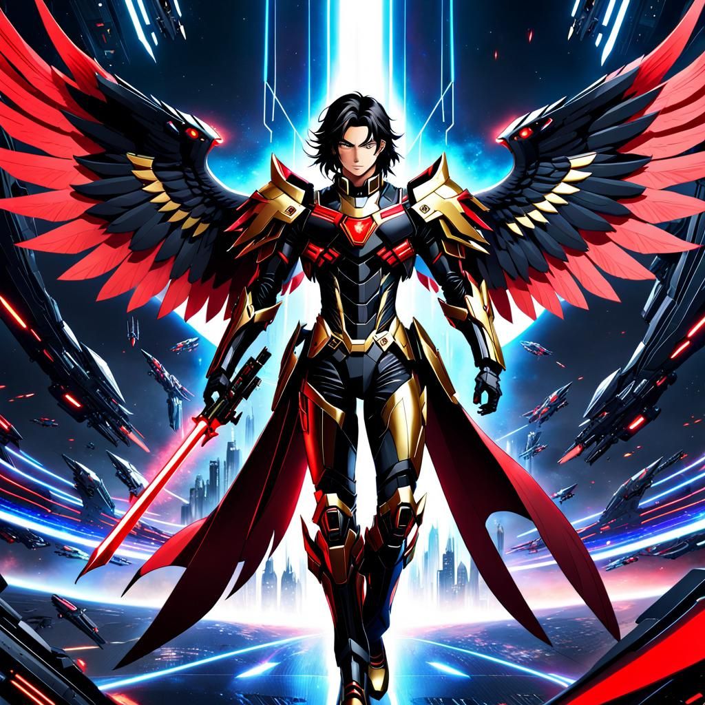 Handsome anime male long dark hair, in High tech bettlesuit