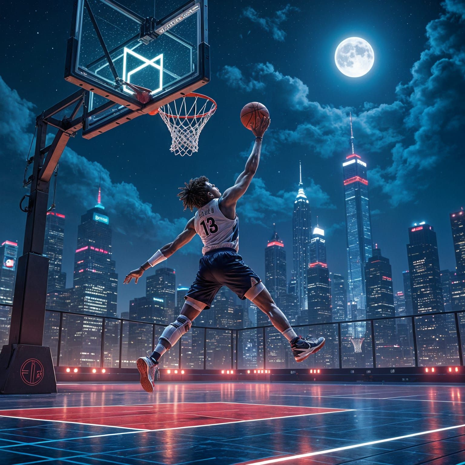 Cyberpunk Teenager Scores Dunk on Solar Court