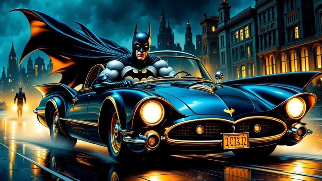 A 1950s comic book style illustration of  Batman riding in the Batmobile!