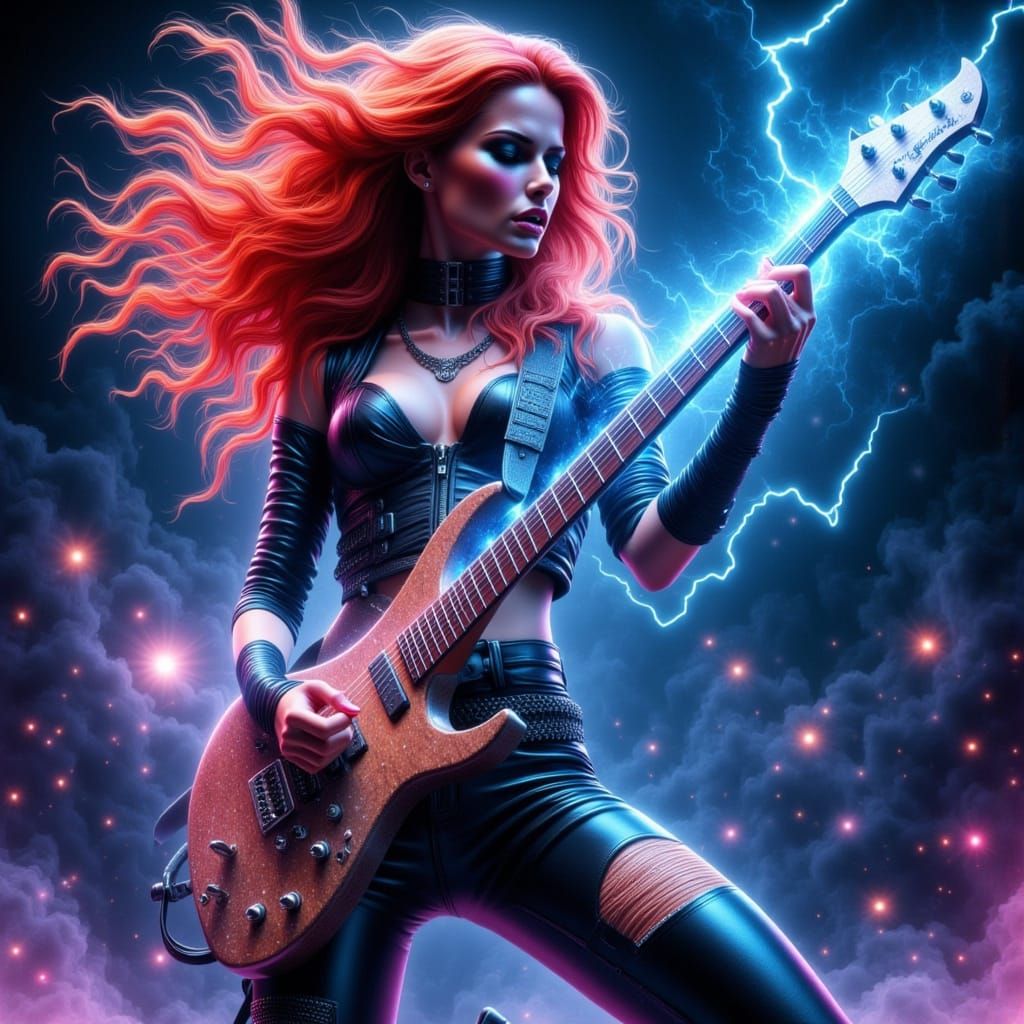 Fiery Rockstar Woman Plays Guitar on Glowing Stage