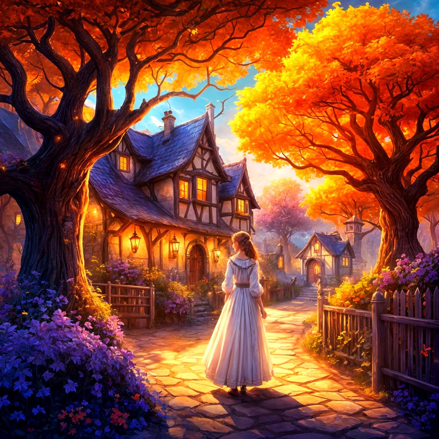 Fantastical Hamlet of Mystical Wonder in Detailed Painting