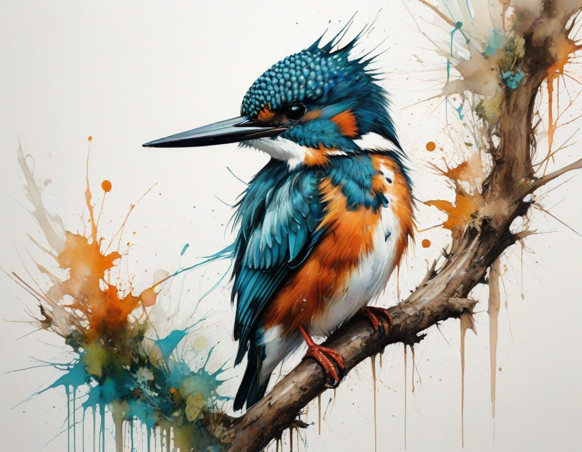 Kingfisher Portrait in Expressive Watercolor Style
