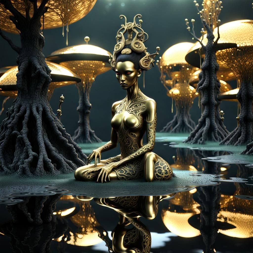 Dark sci-fi flowery swamp scene, alien planet, geyser, tatto...