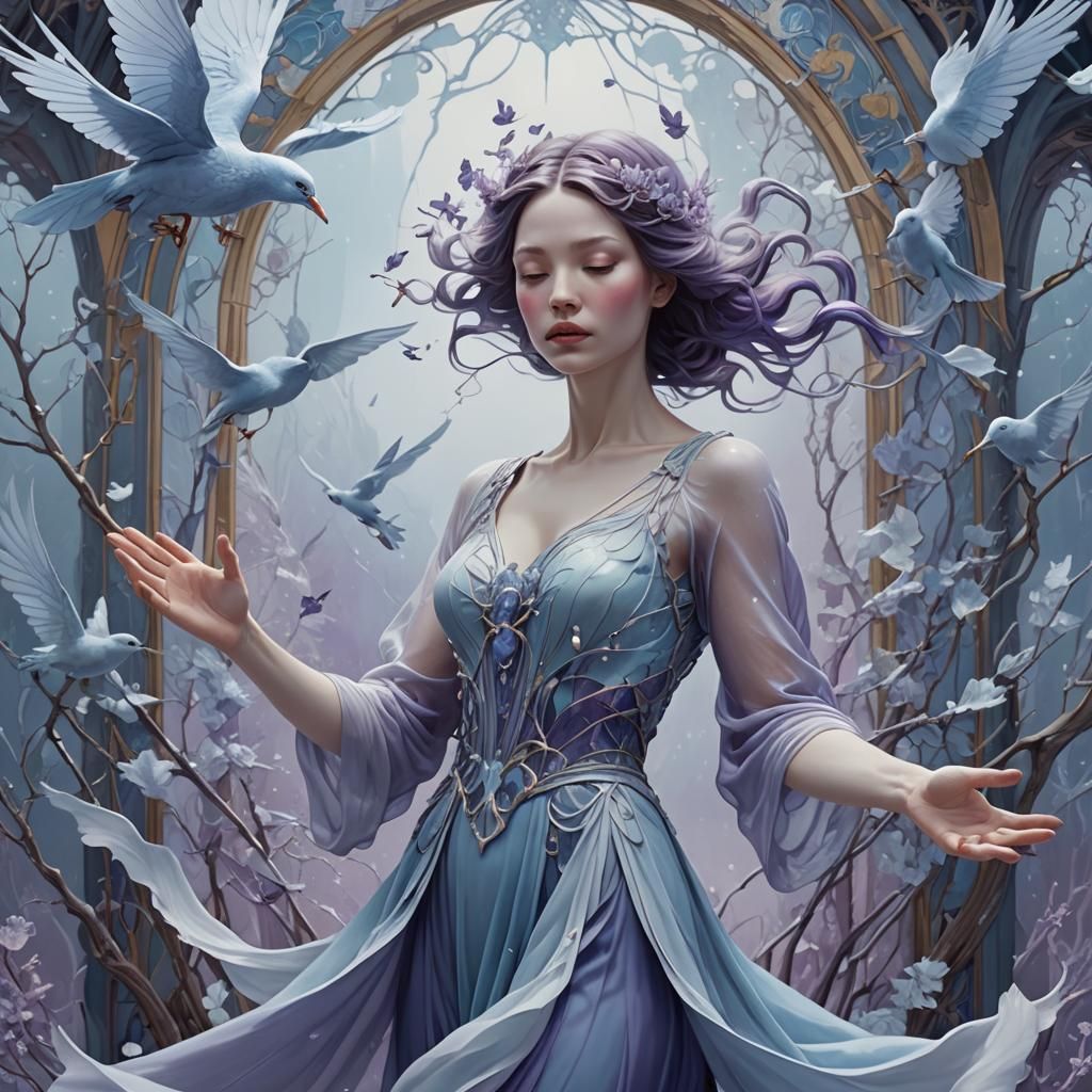 Ethereal Woman Holding Ice: Digital Art Nouveau Painting