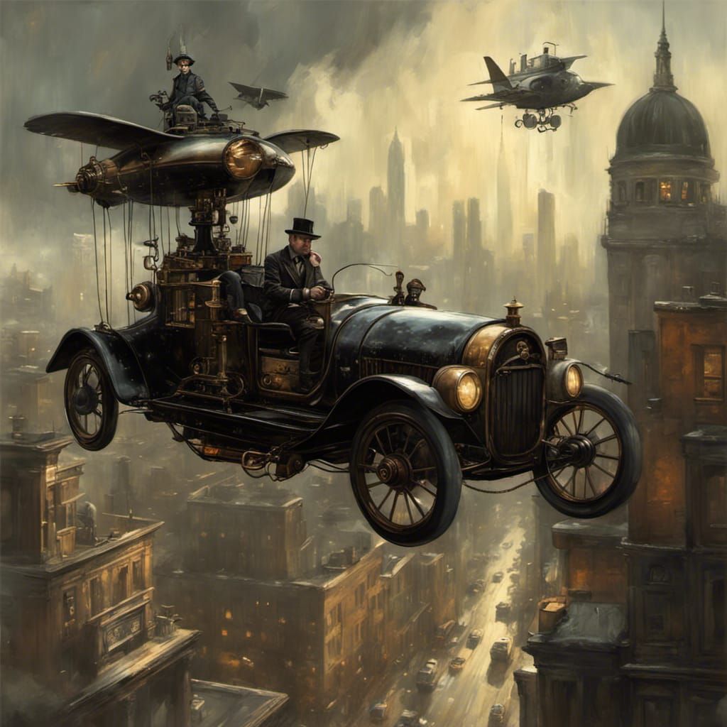 Steampunk Flying Car Over the City
