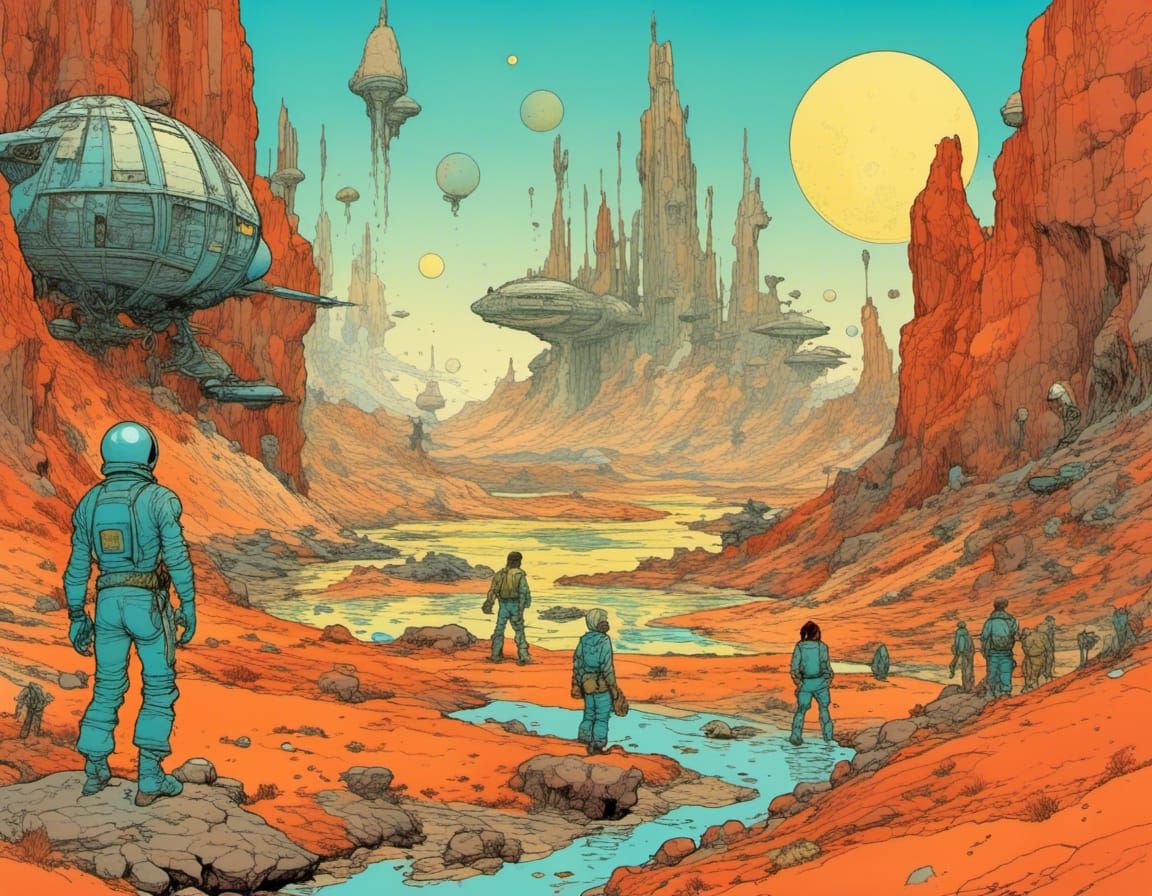 Moebius-Inspired Sci-Fi Landscape in Watercolor Style