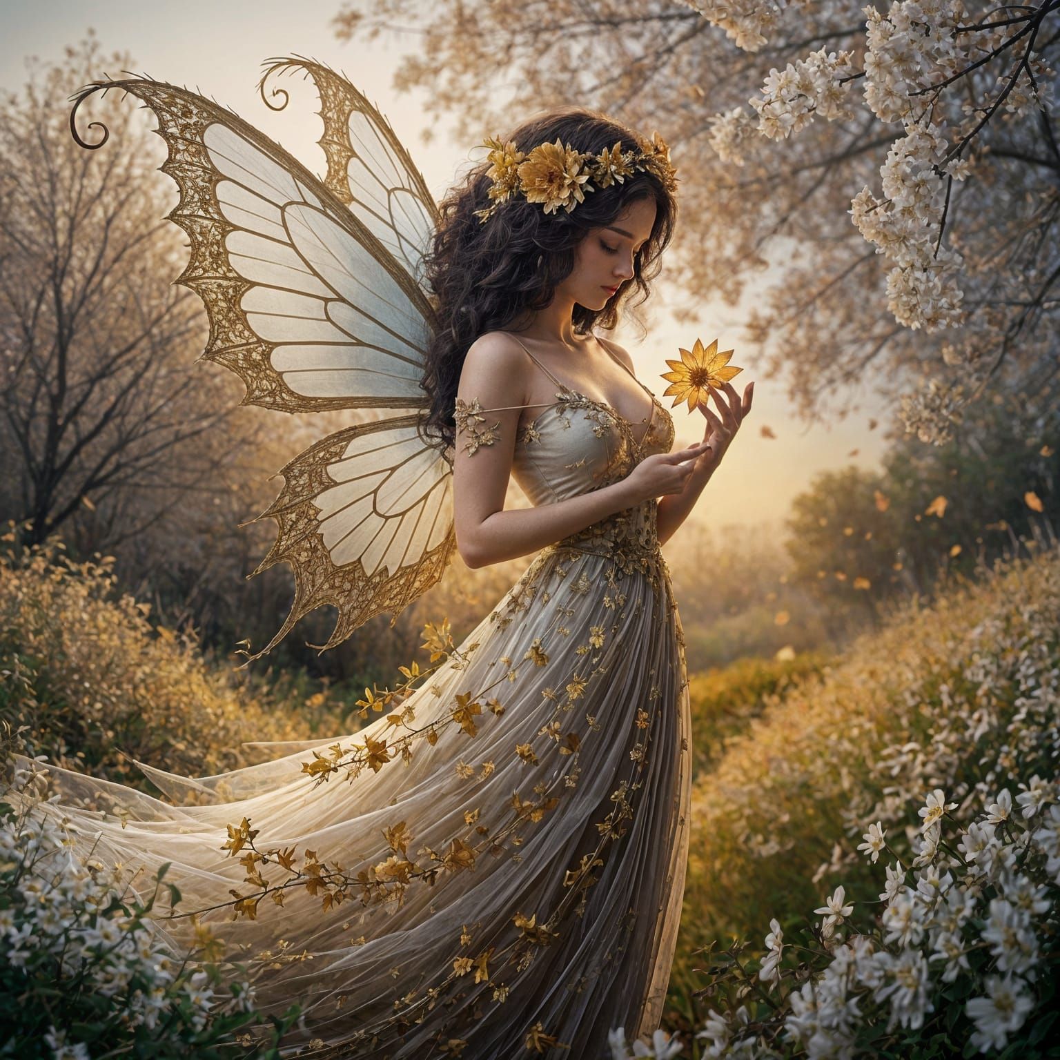 Fairytale Autumn Fairy in Golden Flower Field