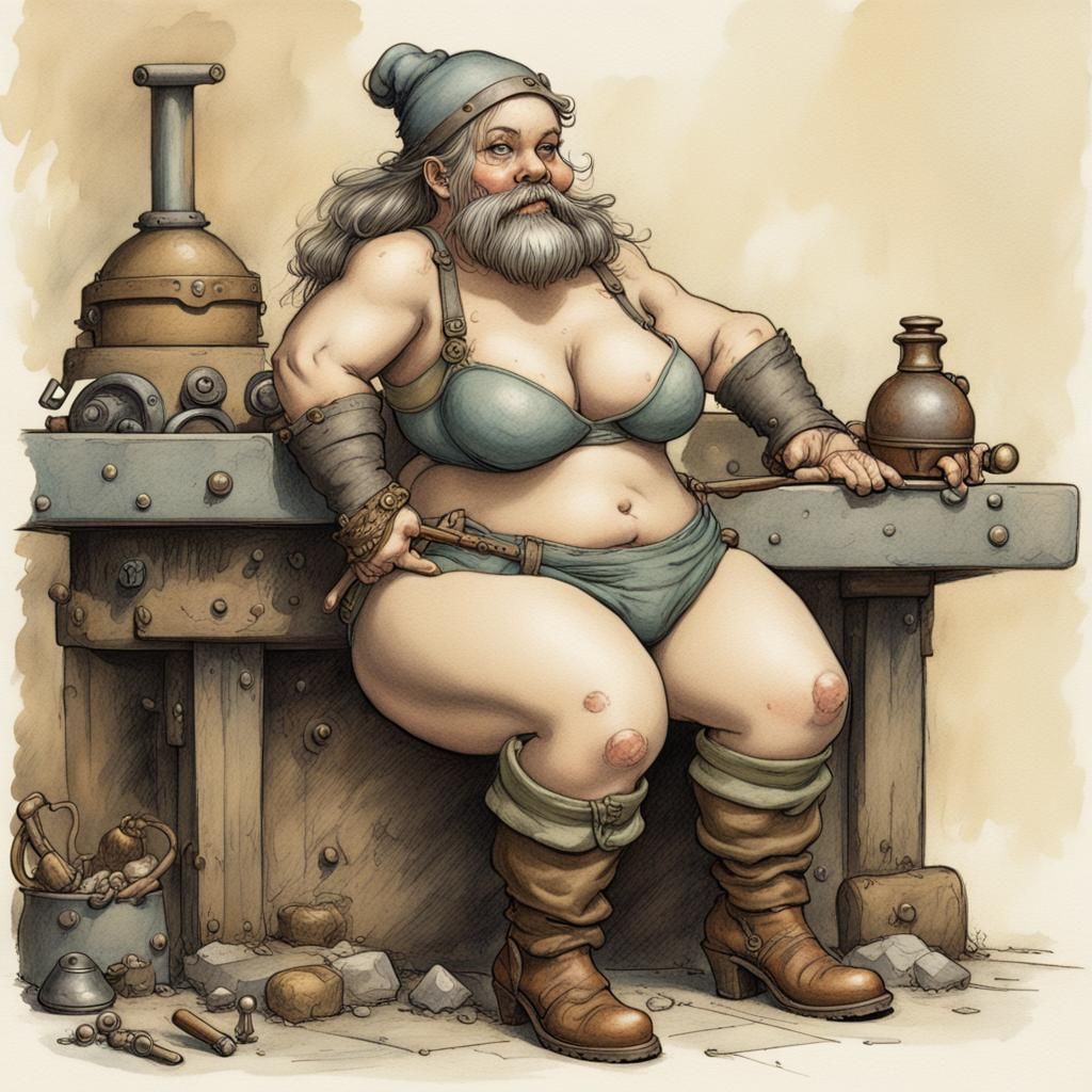 Seductive Bearded Dwarf on Anvil, Anton Pieck Style
