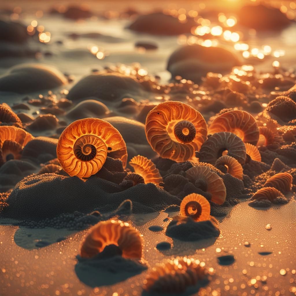 Macro Photograph of Ammonites on Beach at Sunrise