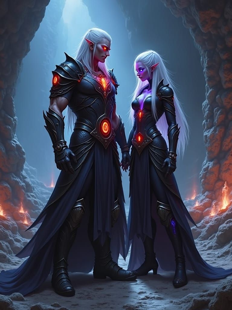 Drow Twins in Cavern Fortress, Dark Elven Aesthetic
