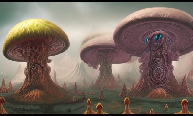 Ancient Alien Mushroom World in Psychedelic Sci-Fi Style