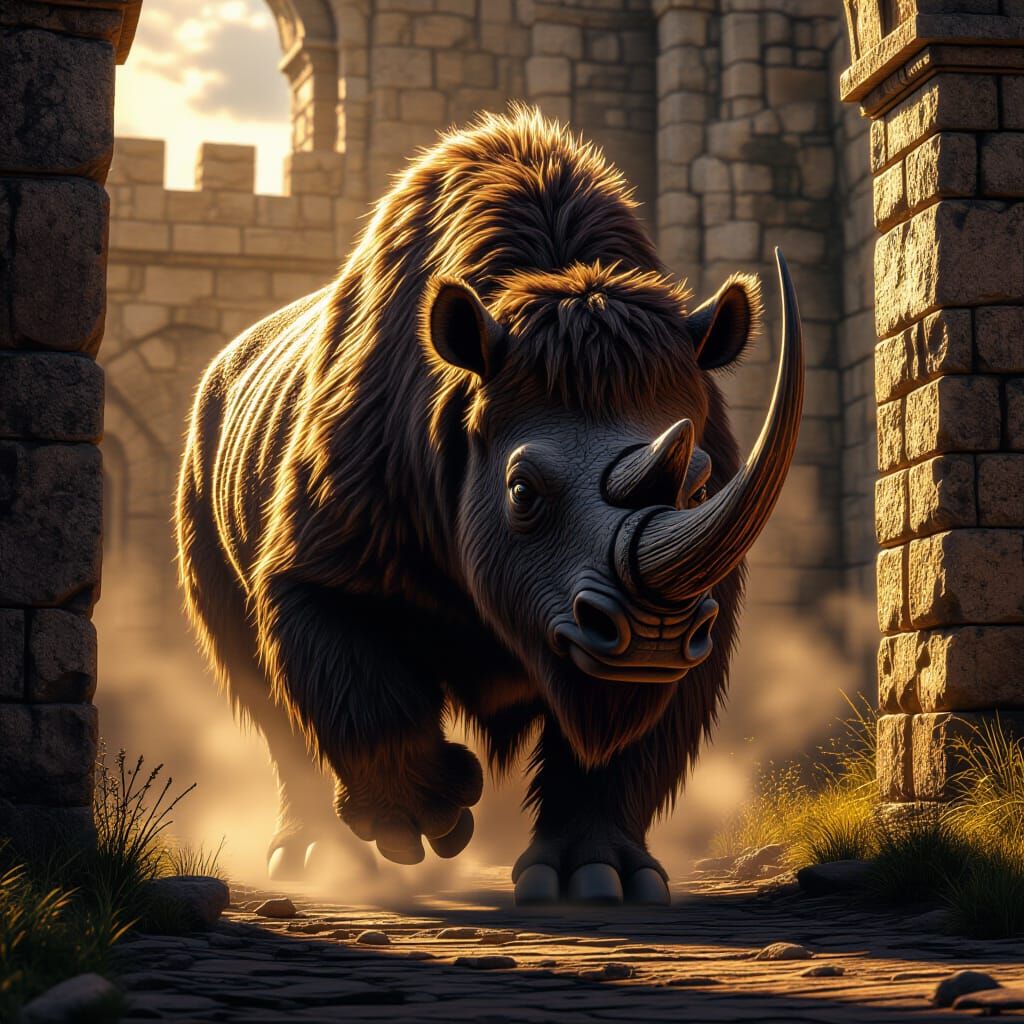 Woolly Rhino Charges: Dark Fantasy Stone Wall