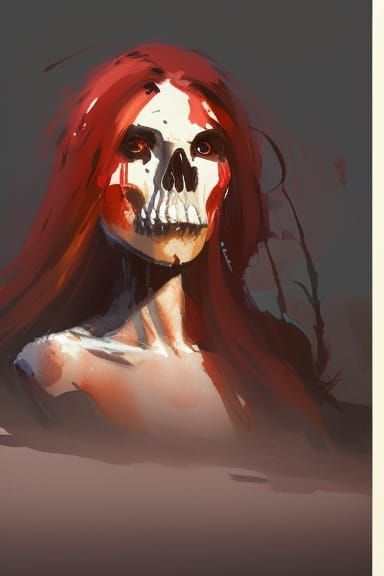 Skull with Hair in Gouache and Watercolor