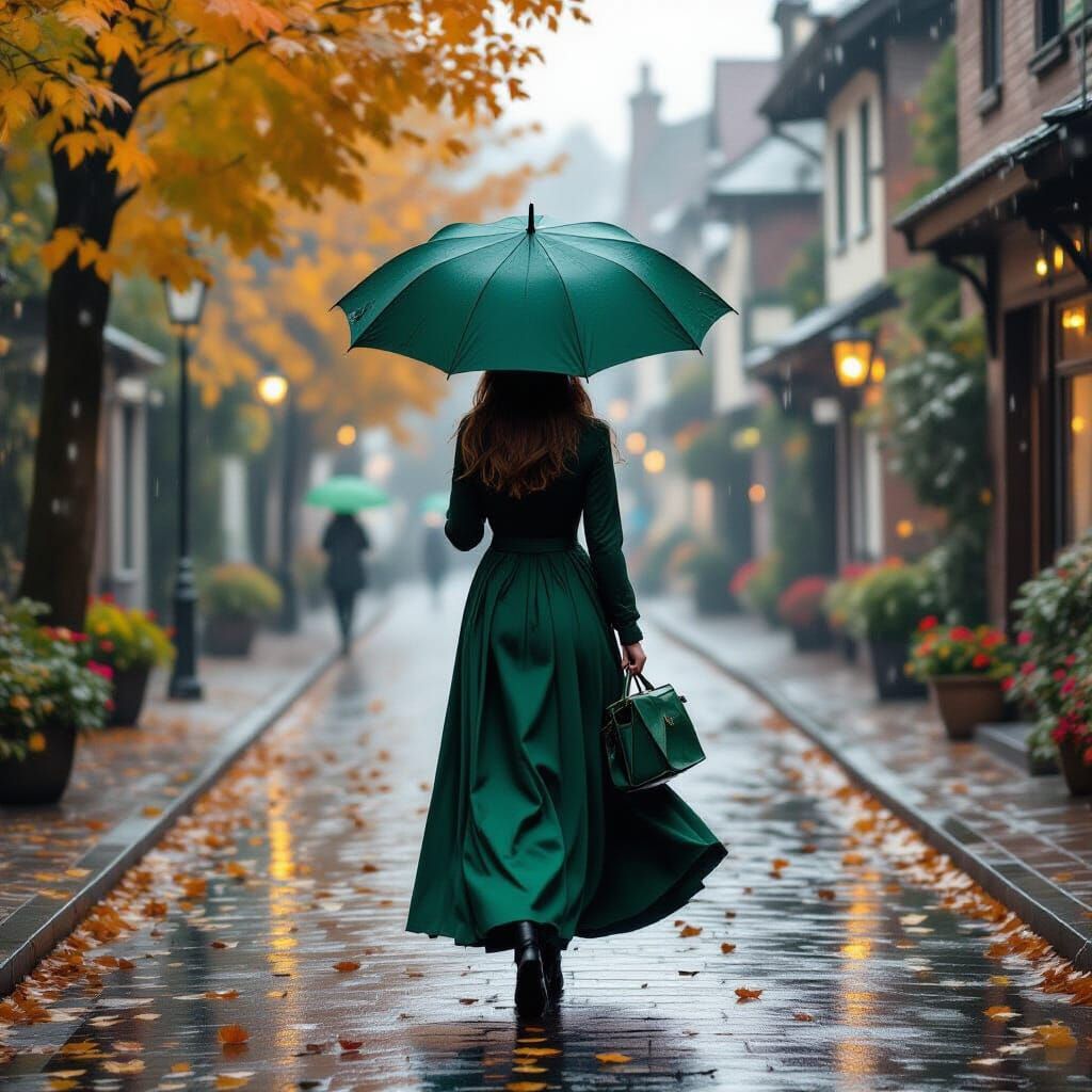 Rainy Autumn Street Scene in Impressionist Style