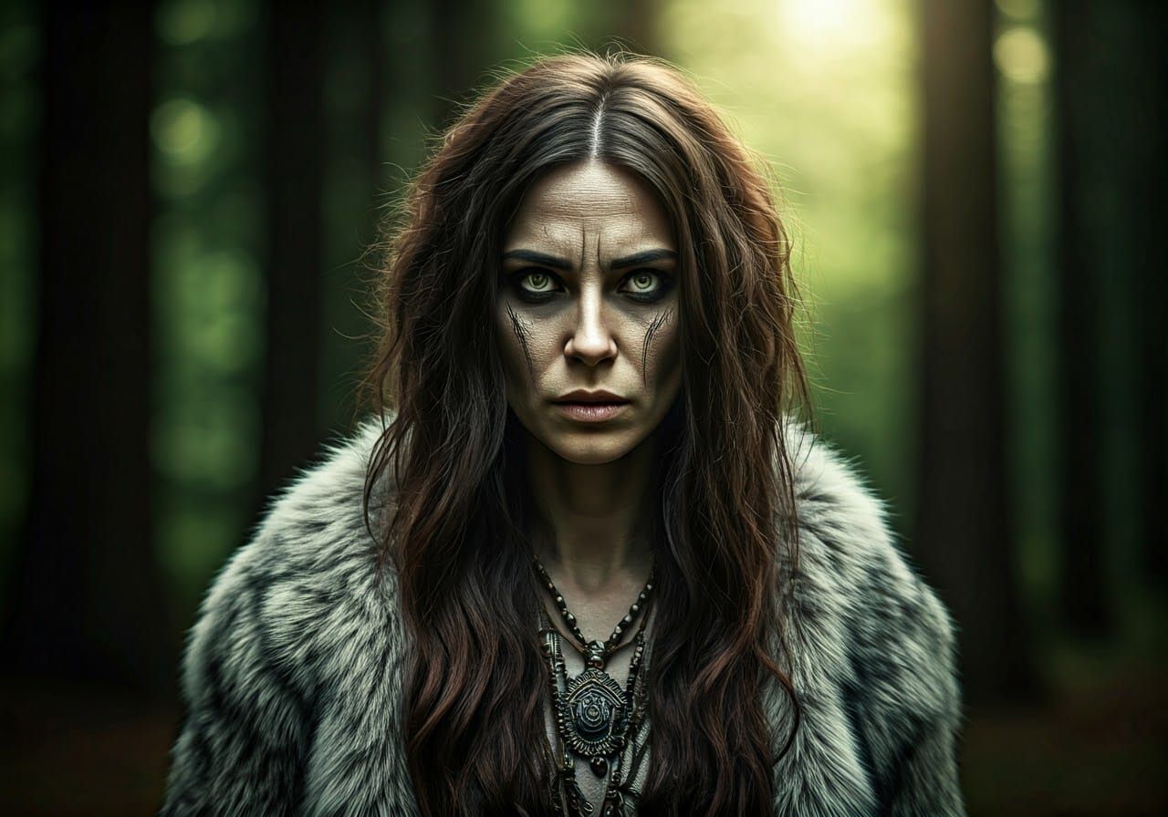 Woman Raised by Wolves in Lush Forest Portrait