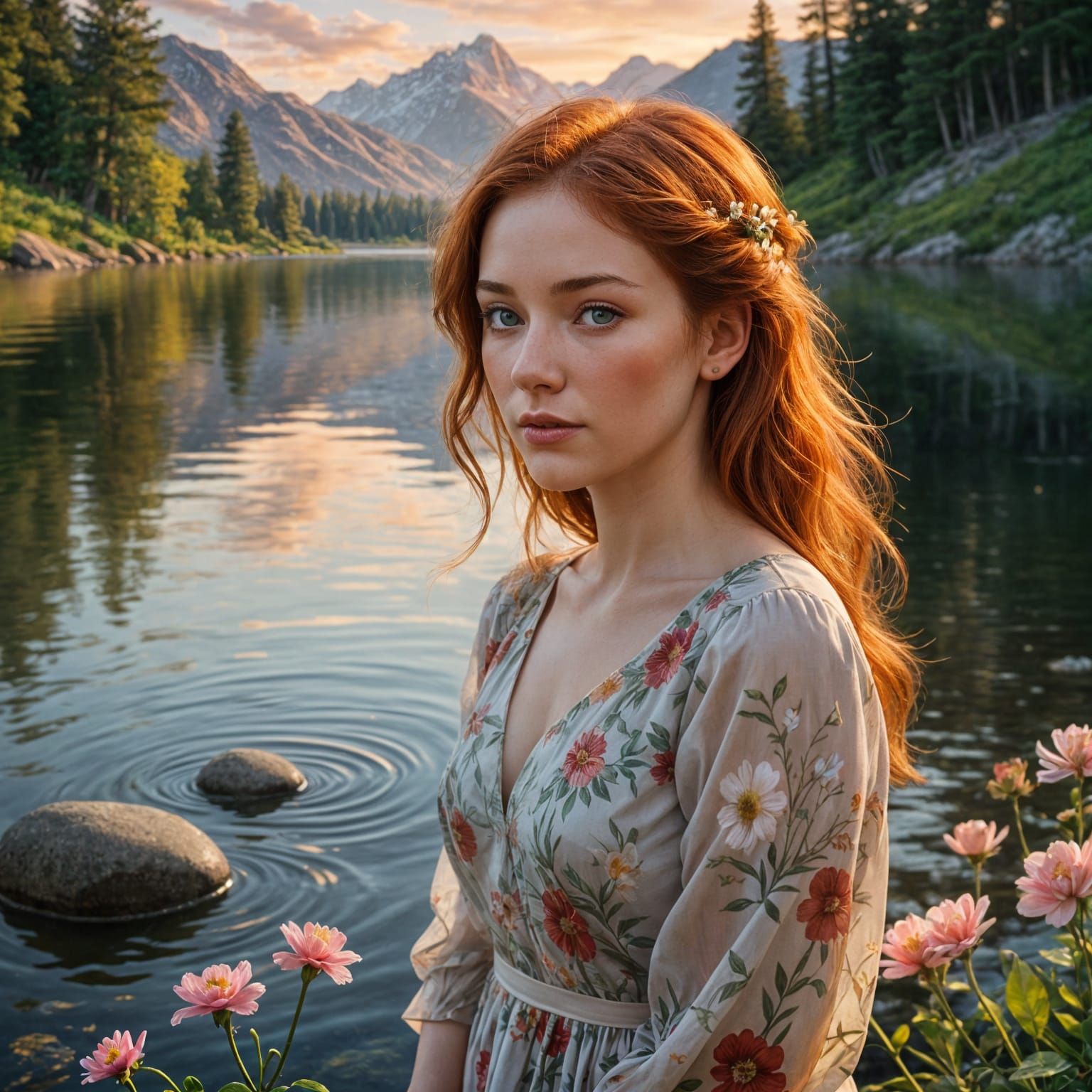 Red-Haired Woman with Flowers by Serene Sunset Lake