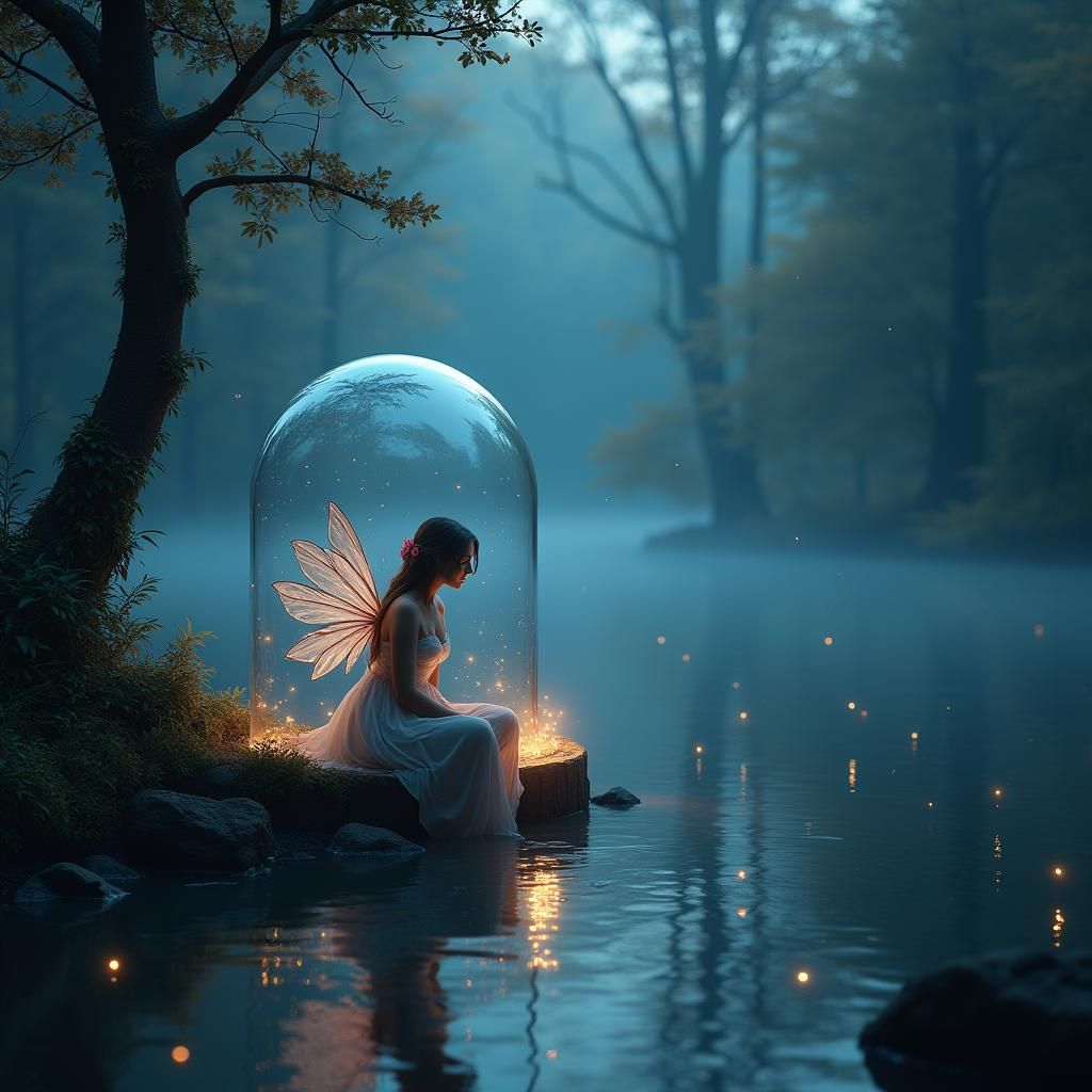 Fairy by Lake with Rose in Dome: Fantasy Art