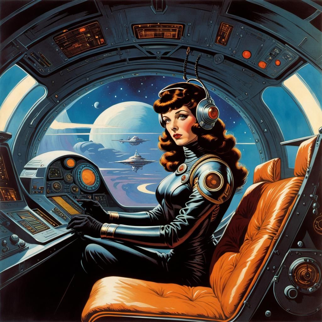 Retro Futuristic Cyborg Pilot in Art Nouveau Style